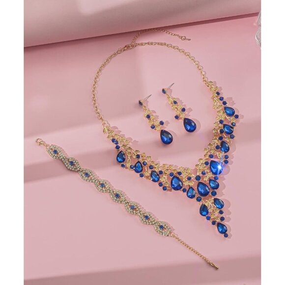 🆕Women Blue Crystal Jewelry Statement Choker Necklace Earrings Bracelets Set - Picture 5 of 6